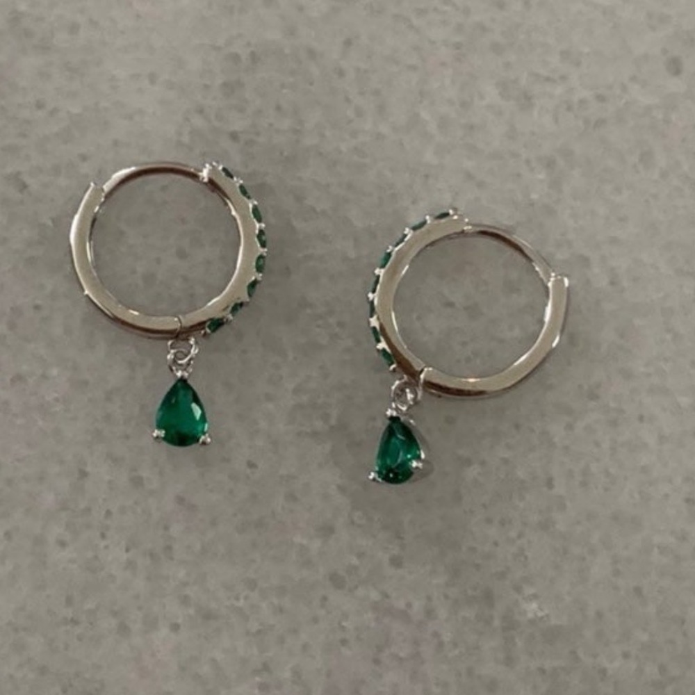 Sterling Silver Green Crystal Paved Tear Drop Dangle Huggie Hoop Earrings - Picture 2 of 4